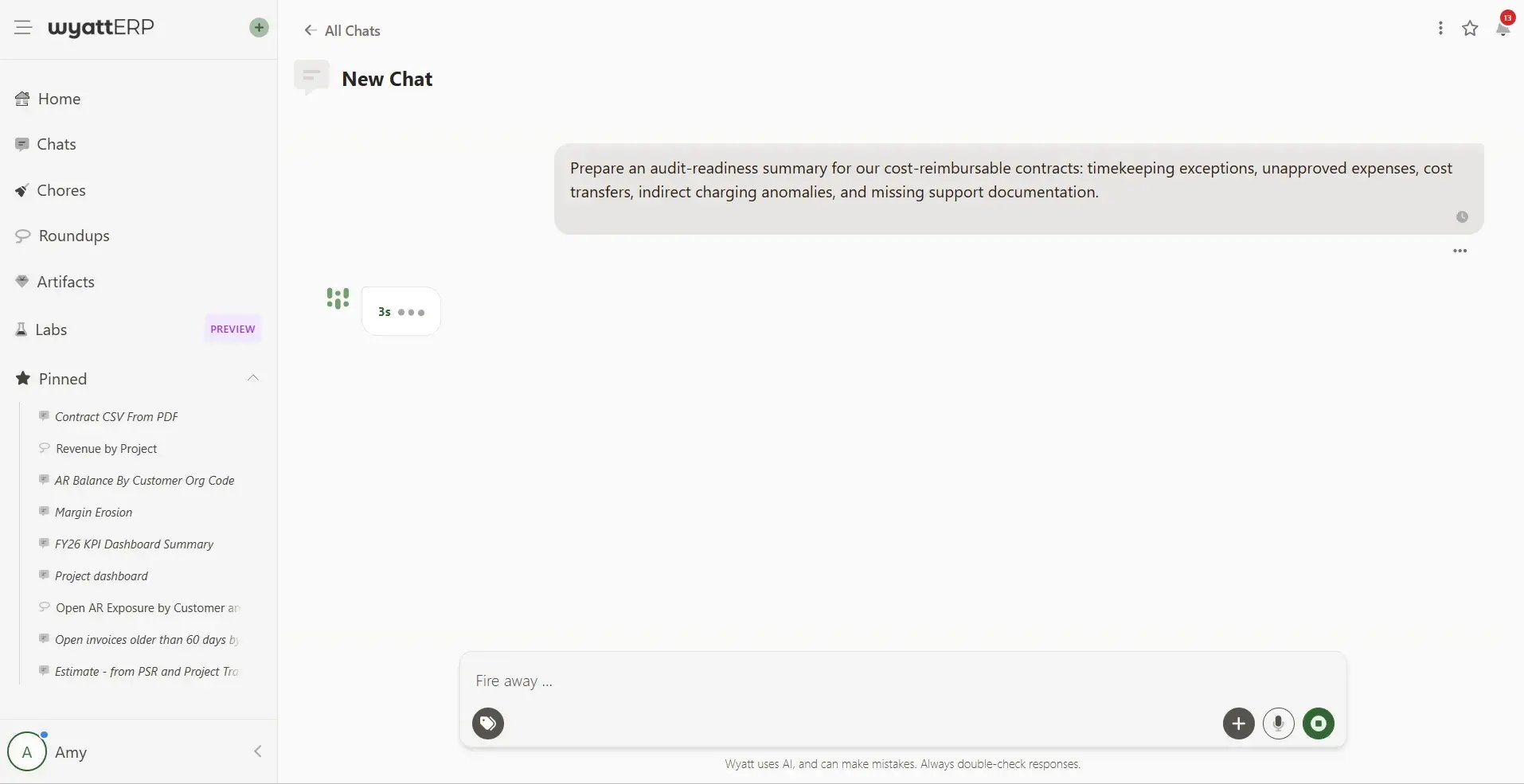 Champ Agents chat processing an audit readiness question