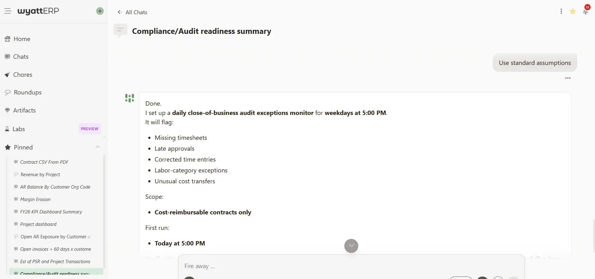 Champ Agents confirming a daily audit exceptions monitor