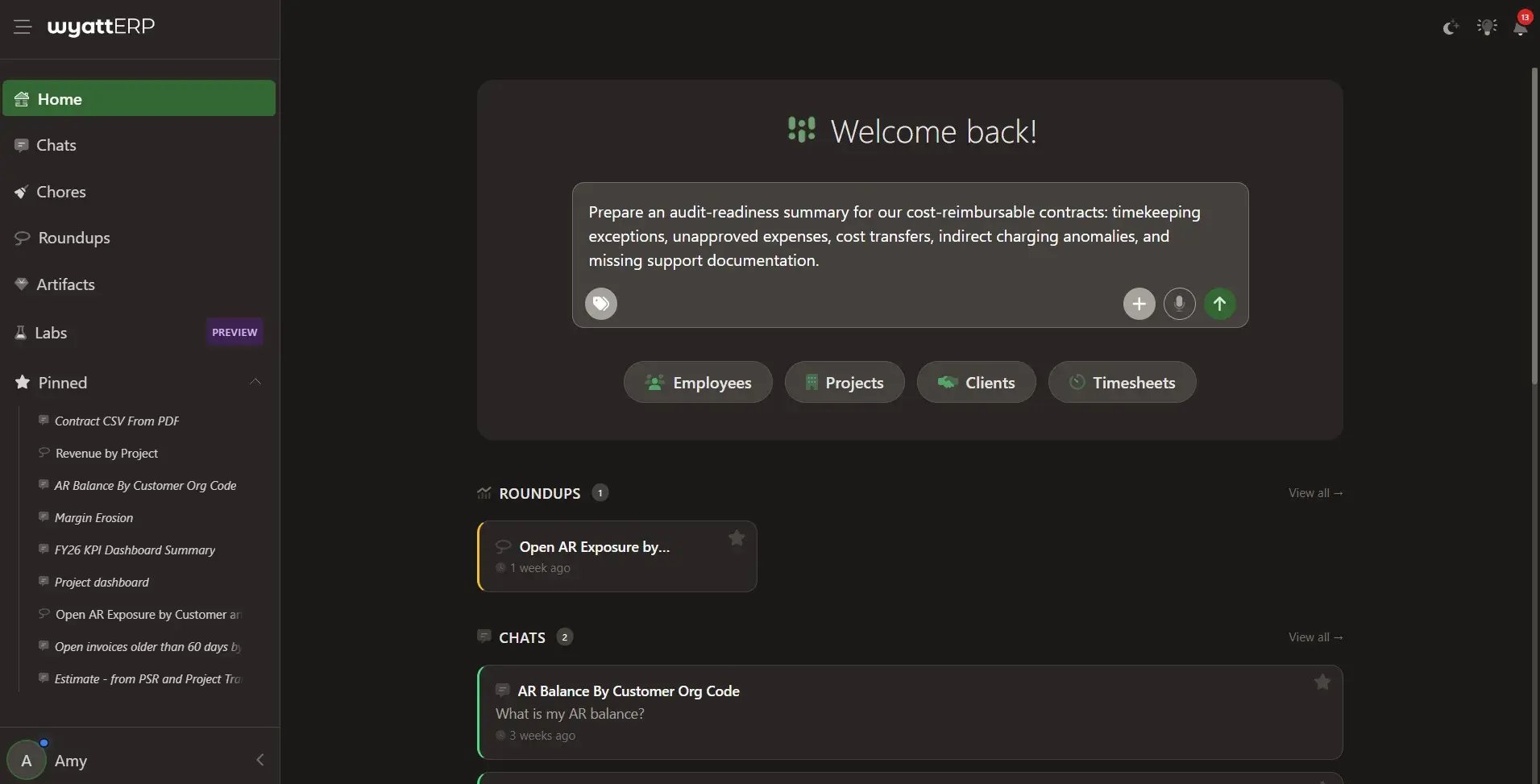 Champ Agents dark mode home page with a GovCon audit-readiness prompt